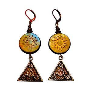HAND CRAFTED EARRINGS 

 Czech Glass Sun and Triangle Antique Copper
